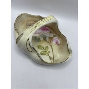 Hand Painted Trinket Candy Dish Basket RS Germany Pink Roses 3"x7.5"x4.5" Vtg